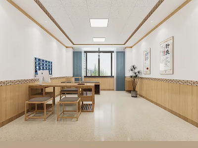 Hospital Outpatient Clinic Interior With Wooden Decor Furniture And Artworks 3d model