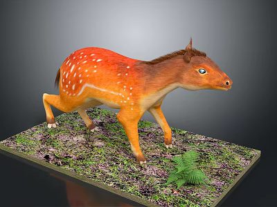 3D Orange Spotted Animal Model Standing On Mossy Platform With Green Fern 3d model