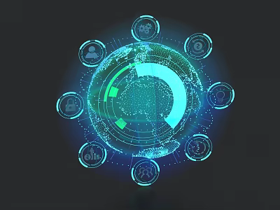 Projection Monitoring Globe Shaped Blue Projection With Circular Icons Symbols People Gears Tech Feel 3d model