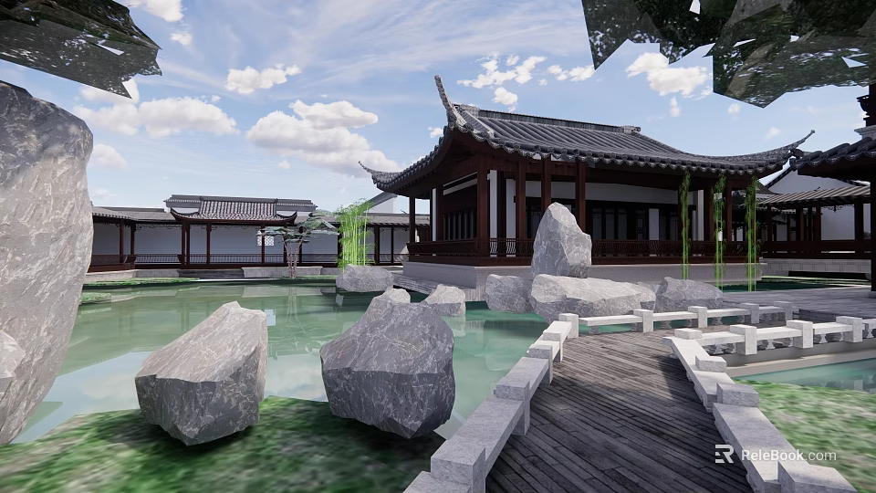 Ancient Chinese Architecture With Traditional Roof Overhanging Eaves Pond Rocks And Wooden Walkway 3d model 