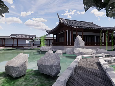 Ancient Chinese Architecture With Traditional Roof Overhanging Eaves Pond Rocks And Wooden Walkway 3d model