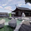 Ancient Chinese Architecture With Traditional Roof Overhanging Eaves Pond Rocks And Wooden Walkway