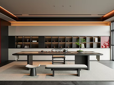 Modern Tea Room Interior With Long Wooden Table Tea Sets Display Shelves And Green Plants 3d model