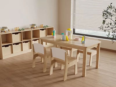 Wooden Kids Table With Matching Chairs Colorful Toys And Storage Cabinet In Bright Room 3d model