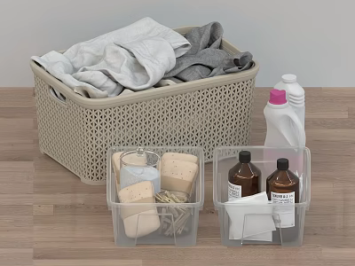 Woven Storage Basket With Folded Laundry Clothes And Transparent Boxes Holding Toiletries For Bathroom Organization 3d model