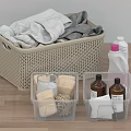Woven Storage Basket With Folded Laundry Clothes And Transparent Boxes Holding Toiletries For Bathroom Organization