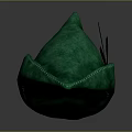 Green Leather Hat With Stitched Edge And Brown Feather Decorations