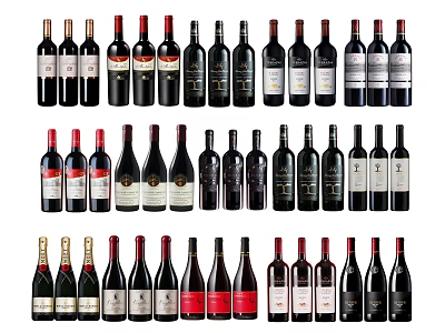 Various Wine Bottles And Glasses Collection Display With Different Labels And Styles 3d model