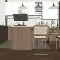 Modern Restaurant Open Kitchen With Wooden Cabinets Pendant Lights And Island Counter