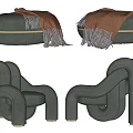 Green Single Sofa With Unique Curved Structure And Tassel Blanket Design 3d model