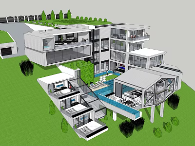 Modern Detached Villa With Glass Walls Swimming Pool And Landscaped Garden 3d model