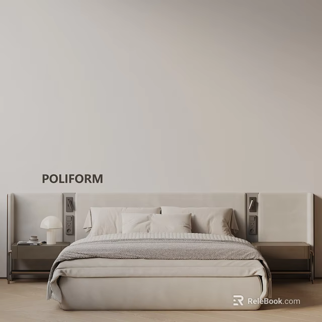 Minimalist Double Bed Interior With Light Headboard Nightstand Lamp And Soft Bedding 3d model 
