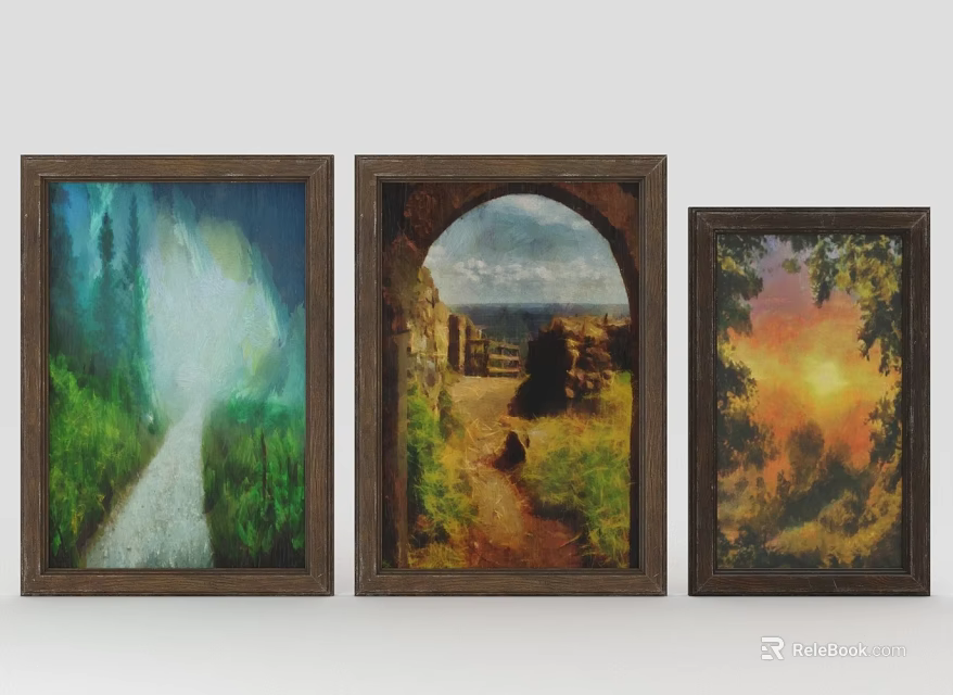Three Wooden Framed Landscape Paintings Featuring Pathway Archway And Sunset Scenery 3d model 