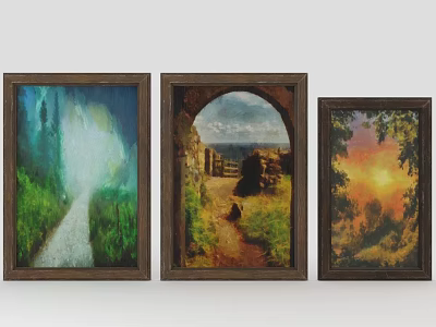 Three Wooden Framed Landscape Paintings Featuring Pathway Archway And Sunset Scenery 3d model