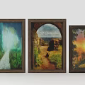 Three Wooden Framed Landscape Paintings Featuring Pathway Archway And Sunset Scenery