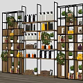 Practical Organizational Storage Shelving Unit With Multi Tier Shelves Potted Plants And Decorative Bottles