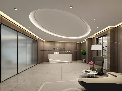 Modern Reception Area With Elegant Desk Sofa Potted Plants And Ceiling Lighting 3d model