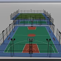 Green Basketball Court Facility With Red Hoops Lighting And Surrounding Fences