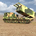 Military Camouflage Tank With Tracked Wheels And Rocket Launcher System In Desert Terrain