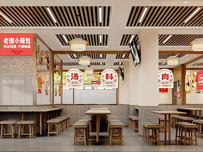 Bright Warm Traditional Chinese Snack Restaurant With Neat Wooden Tables Stools And Cozy Dining Ambience 3d model