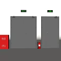 Safety Doors With Green Exit Signs And Red Fire Extinguisher Cabinet
