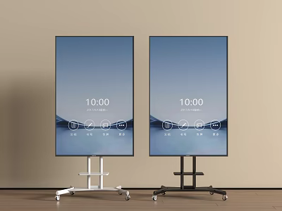 Two Modern TVs on Wheeled Stands with Blue Background and 1000 Time 3d model