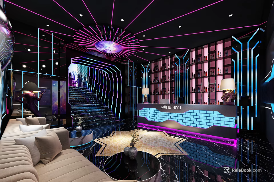 Modern KTV Lounge Interior With Neon Lights Bar Counter Sofa And Wine Rack 3d model 