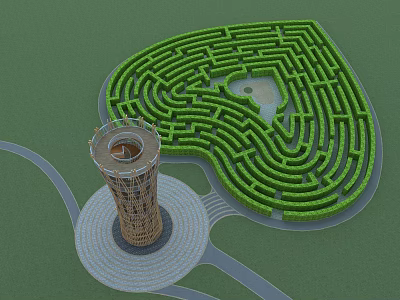 Outdoor Spiral Wooden Tower With Heart Shaped Maze In Green Landscape 3d model