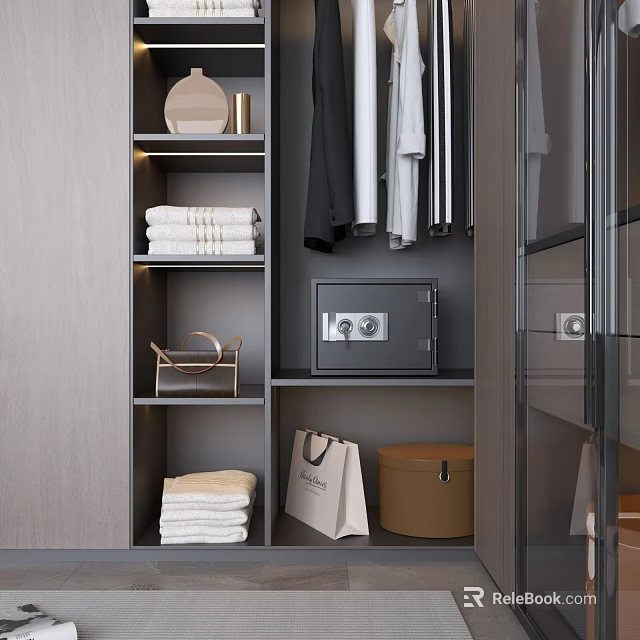 Modern Wardrobe Interior With Hanging Clothes Folded Towels Safe Box And Storage Box 3d model 