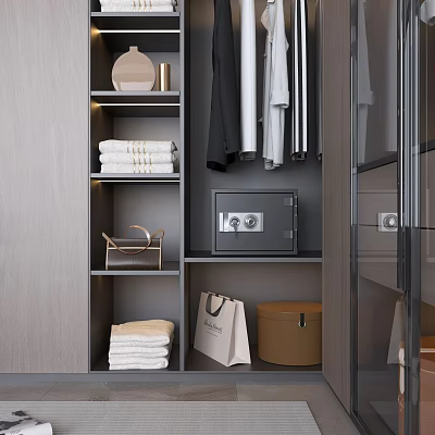 Modern Wardrobe Interior With Hanging Clothes Folded Towels Safe Box And Storage Box 3d model