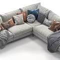 Gray L Shaped Multi Seater Sofa With Various Patterned Cushions And Soft Throws 3d model