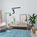 Modern Living Room TV Stand With Pink Chair Floor Lamp And Green Plant
