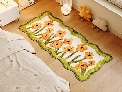 Shaped Floral Rug With Orange Flowers On Bedroom Floor Near Bed And Soft Toys 3d model
