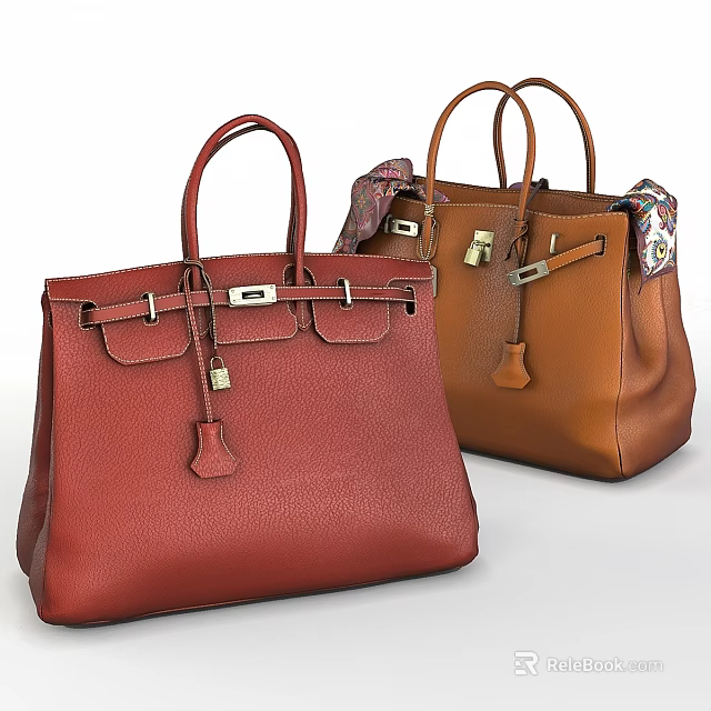 Stylish Leather Handbags Red And Brown With Metal Buckles Handles And Silk Scarf 3d model 