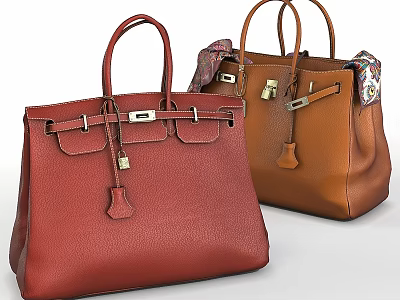 Stylish Leather Handbags Red And Brown With Metal Buckles Handles And Silk Scarf 3d model