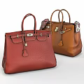 Stylish Leather Handbags Red And Brown With Metal Buckles Handles And Silk Scarf