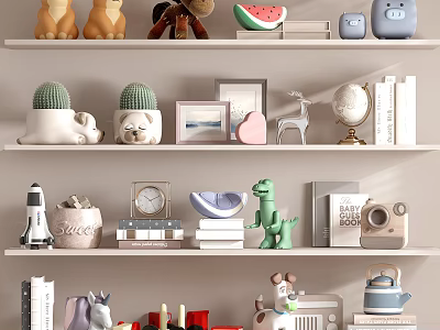 Cute Plush Toys Display on Shelves with Bear Pig Unicorn and Puppy Figures 3d model