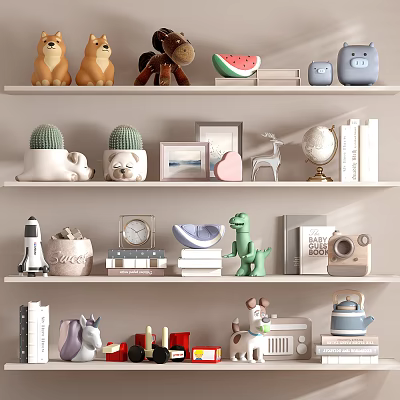 Cute Plush Toys Display on Shelves with Bear Pig Unicorn and Puppy Figures 3d model