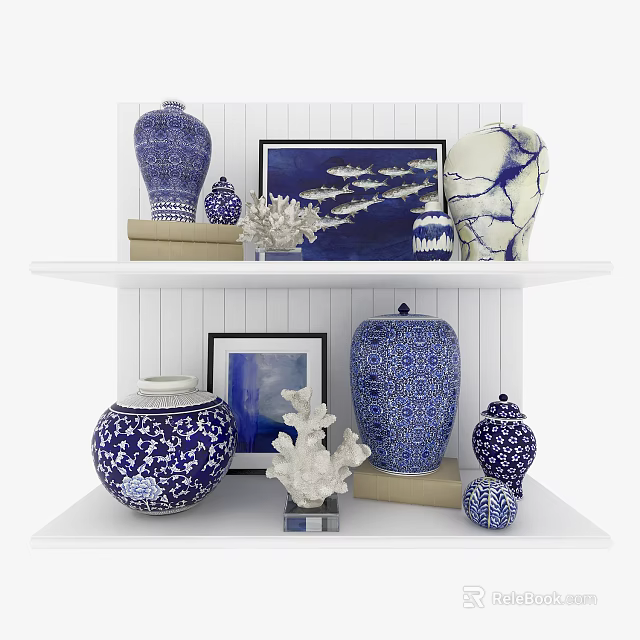 Blue and White Decorative Ornaments Set with Vases Coral and Picture Frames on Shelf 3d model 
