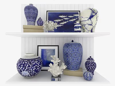 Blue and White Decorative Ornaments Set with Vases Coral and Picture Frames on Shelf 3d model