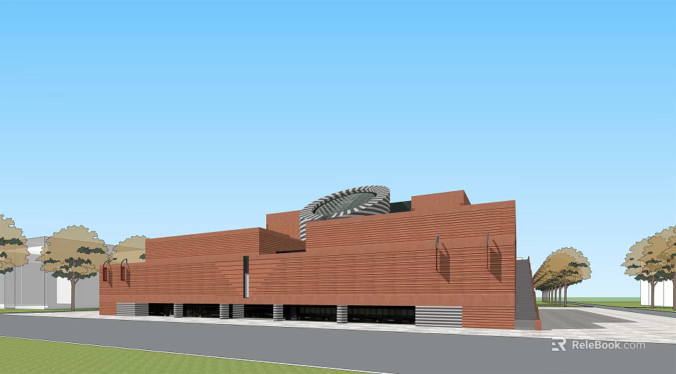 Red Brick Museum Building With Modern Design And Unique Roof Structure 3d model 