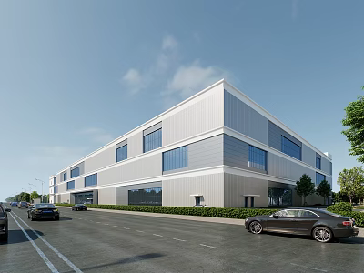 Modern Multi Story Industrial Factory Building Exterior With Large Glass Windows And Roadside Trees 3d model