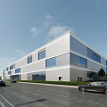 Modern Multi Story Industrial Factory Building Exterior With Large Glass Windows And Roadside Trees
