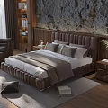 Modern Brown Tufted Headboard Double Bed With Gray White Bedding And Textured Wall