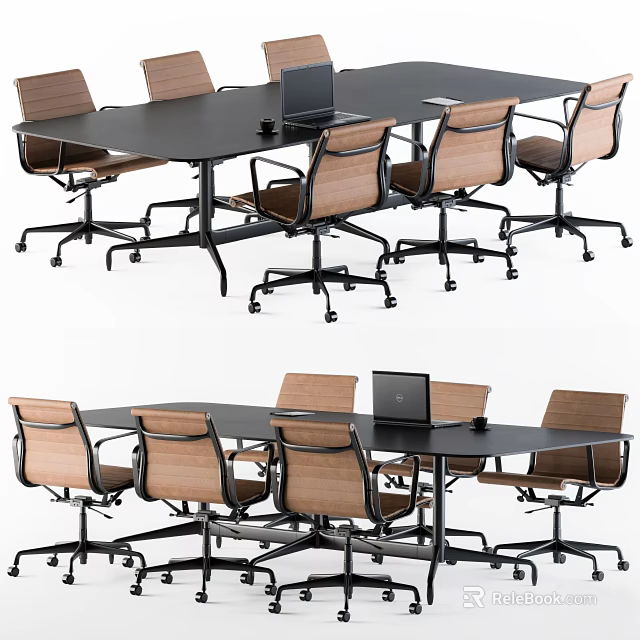 Modern Conference Table Setup With Black Frame Wooden Chairs And Laptop 3d model 