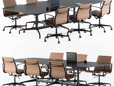 Modern Conference Table Setup With Black Frame Wooden Chairs And Laptop 3d model