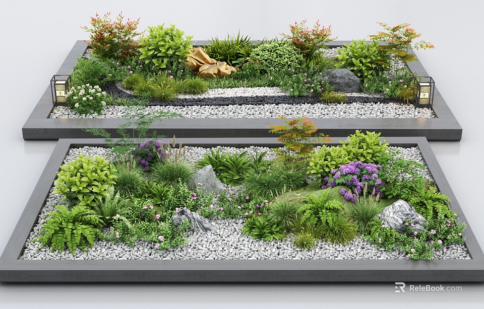 Beautiful Flower Bed With Various Green Plants Purple Flowers Stones Pebbles And Lanterns 3d model 