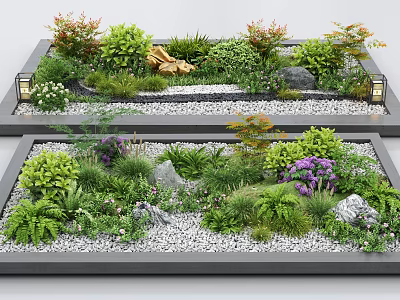 Beautiful Flower Bed With Various Green Plants Purple Flowers Stones Pebbles And Lanterns 3d model