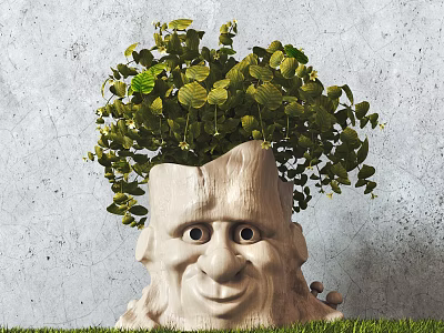 Bonsai Plant Pot With Smiley Face Design Lush Green Leaves Gray Wall Background Grass Base 3d model
