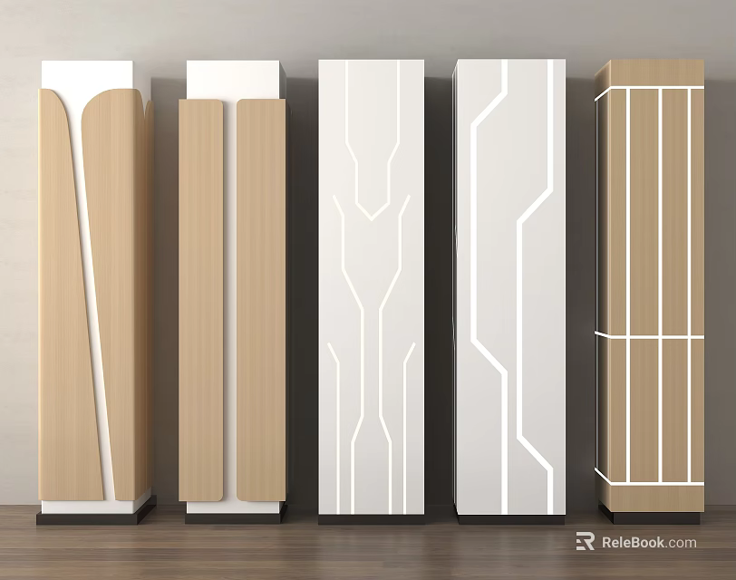 Modern Decorative Columns Featuring Beige White Wooden and Geometric Line Designs 3d model 